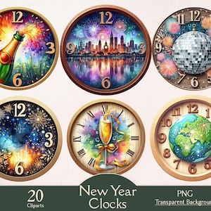 Happy new year clocks, 20 PNG cliparts, wall clocks, analog clocks png, new year celebration, paper craft, scrapbooking, winter clocks
