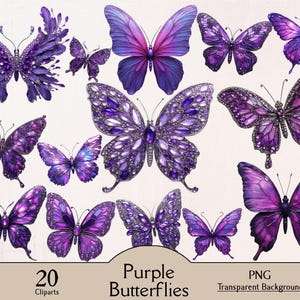 May include: A collection of twenty purple butterfly illustrations featuring various wing patterns, including jeweled, crystalline, and gradient designs. The text at the bottom reads 20 Cliparts Purple Butterflies PNG Transparent Background.