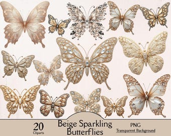 May include: A collection of 20 beige sparkling butterfly cliparts. The butterflies feature intricate details, with some adorned with crystals and gems. The wings display a range of colors, from light beige to brown, and are set against a transparent background.