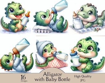 Alligator with baby bottle, 16 JPG images, baby aligator with milk bottle, nursery decor, cute animal, digital prints, digital, clipart, art