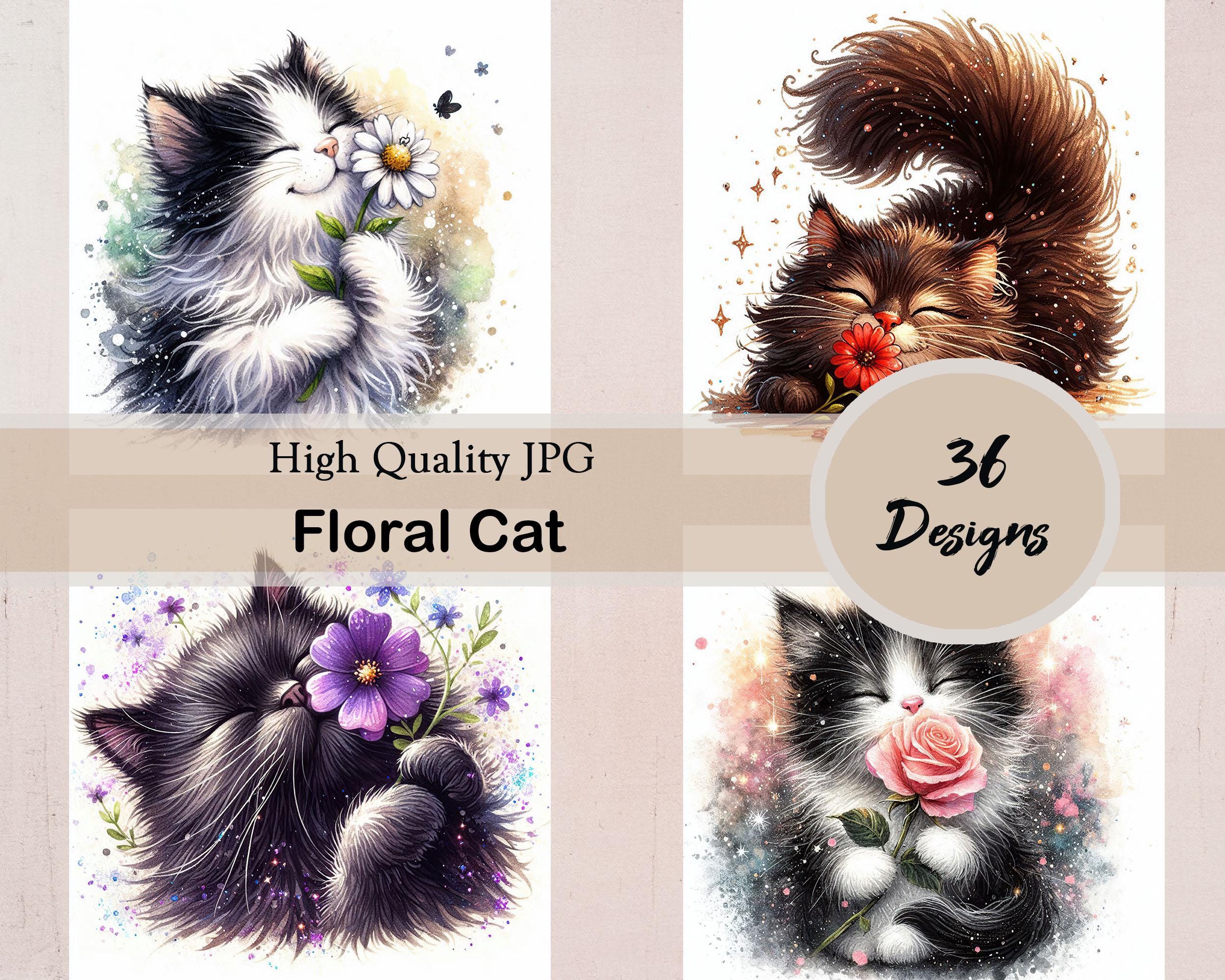 Watercolor Floral Cat Clipart, Cute Kitten With Flowers, 36 JPG Images ...