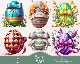 Ostereier, 24 PNG Cliparts, Aquarell Clipart Eier, Osterclipart, Ostergrafik, Junk Journal, Papiermodelle, Frühling Clipart, Blumen