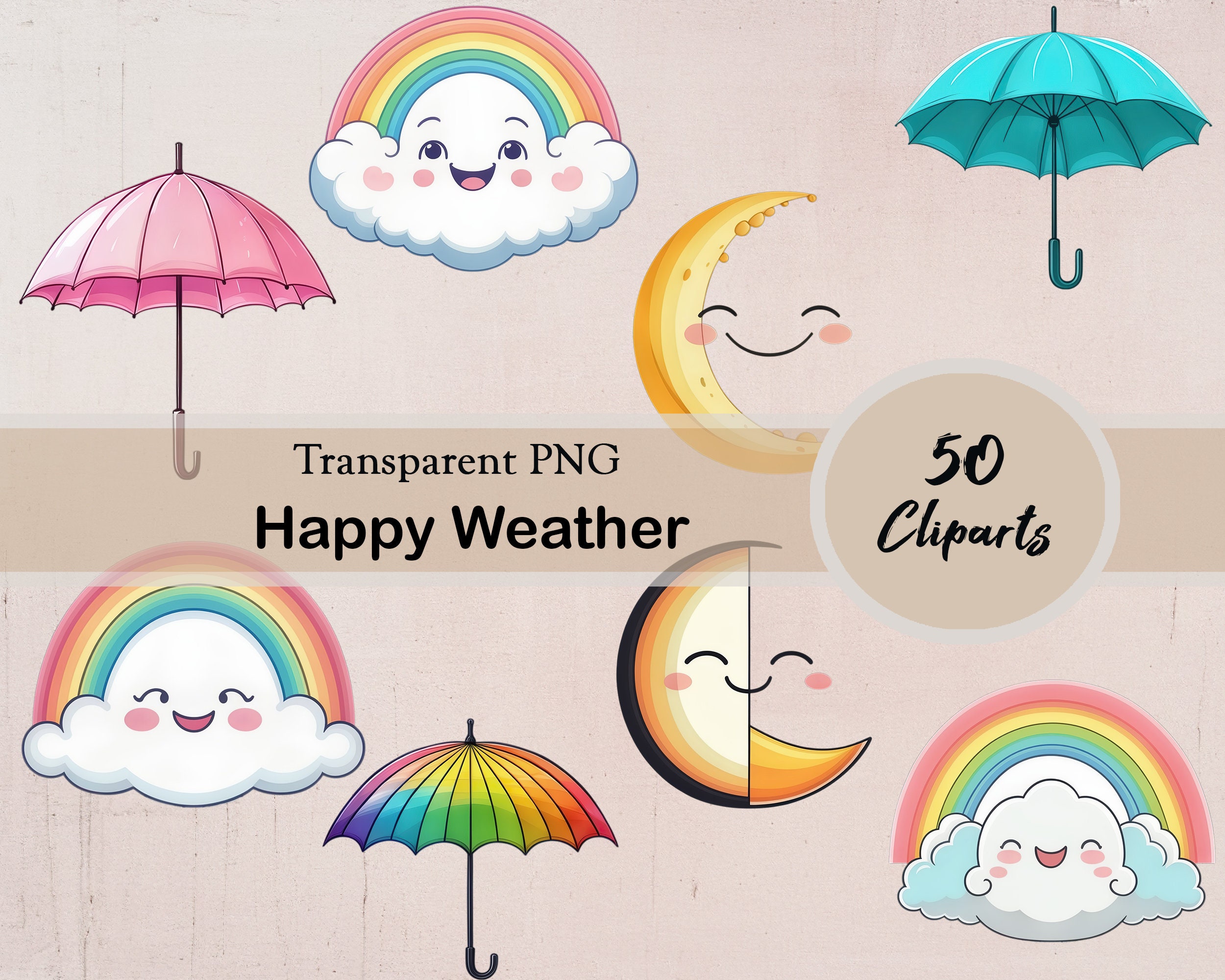 Watercolor Happy Weather Clipart, Happy Sun Clipart, Happy Cloud ...