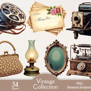 Puede incluir: Una colección de imágenes prediseñadas vintage que presenta una bobina de película, cartas antiguas con un sello floral, una cámara clásica, un bolso con cuentas, una lámpara de vidrio, un espejo ornamentado y un teléfono antiguo. Se muestra el texto "Vintage Collection".
