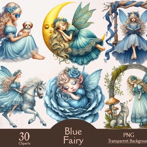Blue fairy clipart, 30 PNG cliparts with transparent background, fantasy fairy tale, digital fairy clipart, print, scrapbooking, paper craft
