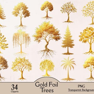 Árvores de folha de ouro, 34 clipart PNG, árvore de ouro, palmeira, pinheiro, macieira, clipart de árvore, digital, download, para impressão, clipart de folha de ouro