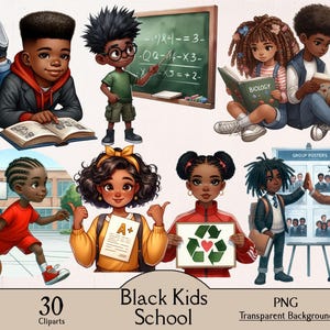 Black kids school activities clipart bundle, 30 PNG cliparts, African American children, classroom lessons, kids reading, kids homework