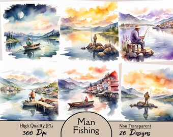 釣りをする男性、JPG画像20枚、クリップアート、ボート釣り、風景