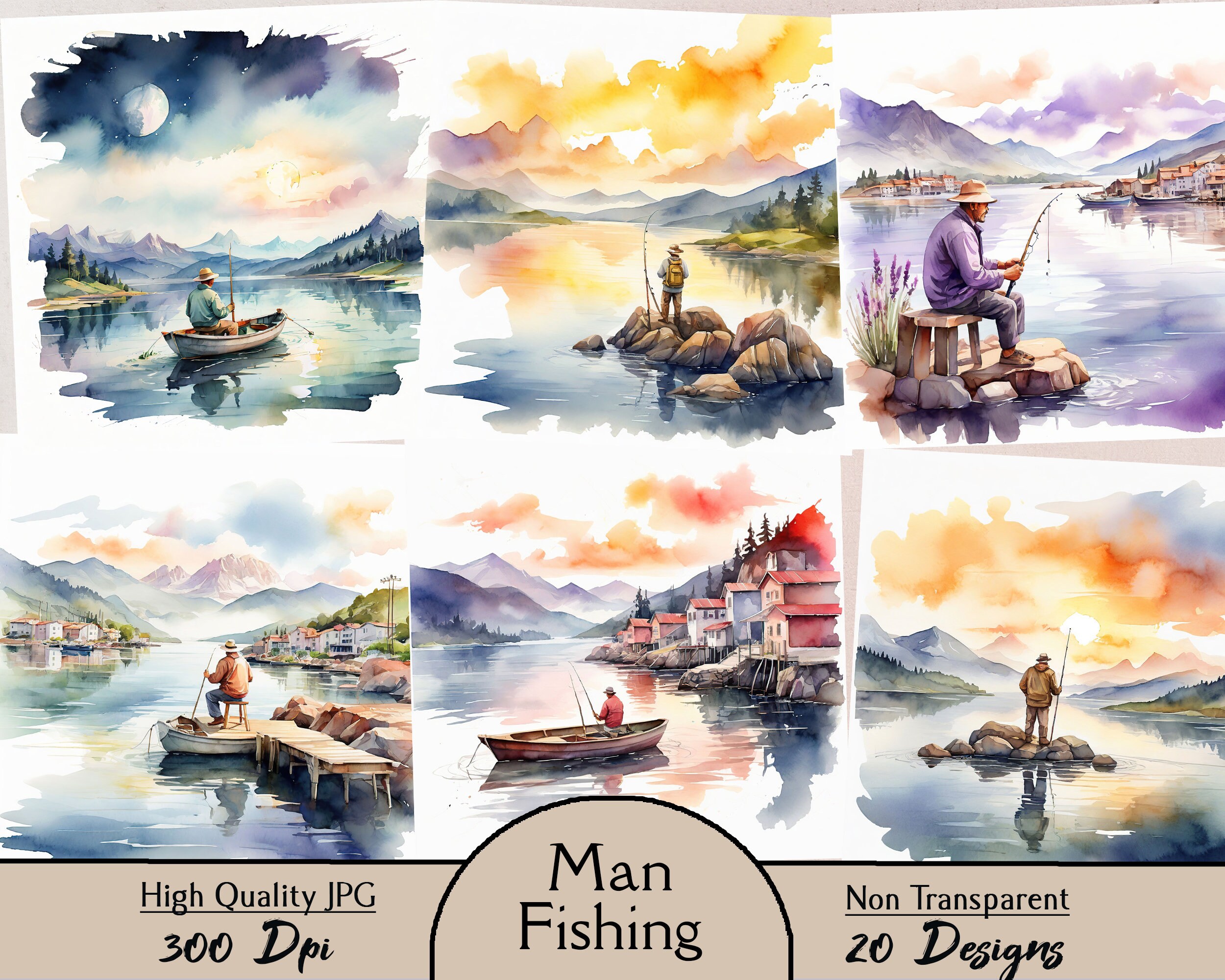 釣りをする男性、JPG画像20枚、クリップアート、ボート釣り、風景