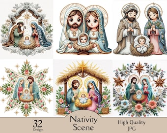 Nativity scene clipart, Holy family Bible story, baby Jesus, 32 JPG images, Mary, Joseph, digital download, embroidered artstyle, Biblical