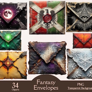 Può includere: Set di 10 illustrazioni digitali di buste fantasy con vari design, tra cui una luna crescente, una stella, un fiocco di neve, una fiamma ardente, una bussola, un simbolo di un occhio che tutto vede e uno stemma medievale. Le buste sono di vari colori e hanno un aspetto usurato e vintage. Il testo "Fantasy Envelopes" e "PNG Transparent Background" è incluso nell'immagine.