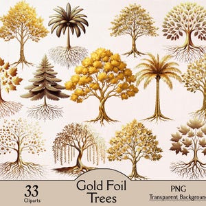 Guldfolie träd clipart, gyllene träd, 33 PNG cliparts, lyxigt trädkonstverk, guld botaniskt träd, glänsande guld träddesign, glam träd clipart