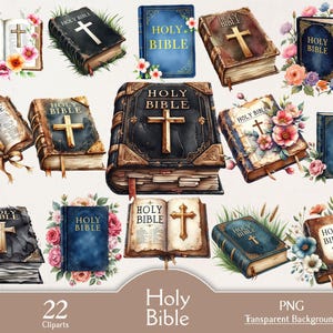 May include: A collection of watercolor illustrations of Holy Bibles. The Bibles are in various colors, including blue, brown, and black, with gold crosses on the covers. Some are open, revealing pages with text and crosses, and are decorated with floral arrangements.