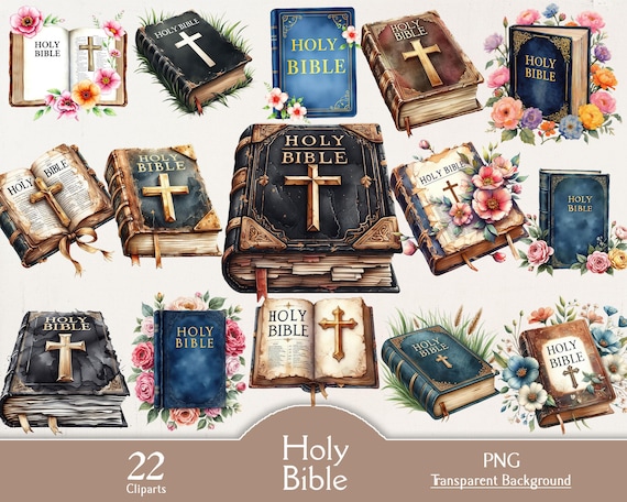 Watercolor Holy Bible clipart, vintage Bible books, 22 PNG cliparts, floral Bible, shabby old Bible book, junk journal, paper craft,old book