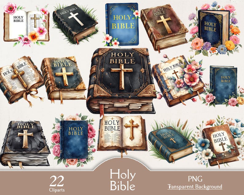 May include: A collection of watercolor illustrations of Holy Bibles. The Bibles are in various colors, including blue, brown, and black, with gold crosses on the covers. Some are open, revealing pages with text and crosses, and are decorated with floral arrangements.