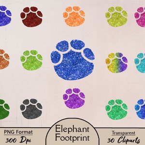 Huella de elefante, 30 imágenes prediseñadas PNG, huellas con purpurina, elefante, huella de animal, clipart, digital, imprimible, huella con purpurina, pata de animal