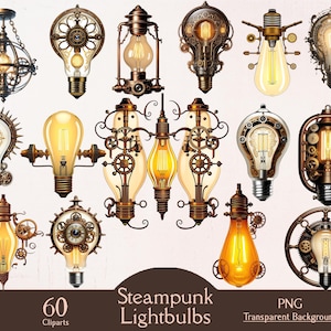 Steampunk lightbulb clipart, junk journaling bundle, 60 PNG cliparts, steampunk collection, fantasy bundle, vintage ephemera, steampunk art