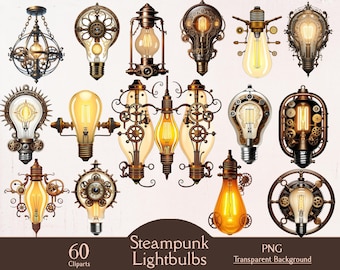 Steampunk gloeilamp clipart, bundel junkjournaling, 60 png-cliparts, steampunkcollectie, fantasiebundel, vintage ephemera, steampunkkunst