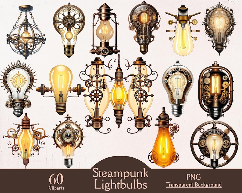 Steampunk Lightbulb Clipart, Junk Journaling Bundle, 60 PNG Cliparts ...