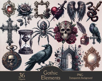 Bundle de cliparts d'éléments gothiques, 36 cliparts PNG gothiques foncés, bougies de chauves-souris de corbeau de roses noires, esthétique universitaire sombre, dessins gothiques