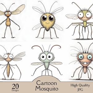 Cartoon mosquito, 20 JPG images, baby room, baby shower, funny mosquito, digital, download, wall art, cartoon, paper craft, clipart