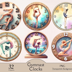 Puede incluir: Seis relojes redondos con ilustraciones de acuarela de gimnastas en varias poses. Los relojes tienen marcos de madera o decorativos con números y manecillas. El texto "Gymnast Clocks" y "32 Cliparts" también es visible.