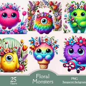 Niedliche Blumenmonster, 25 PNG Cliparts, Cartoon Monster, Aquarell Monster, Frühling Monster, lustige Monster, Junk Journal, Regenbogen Monster