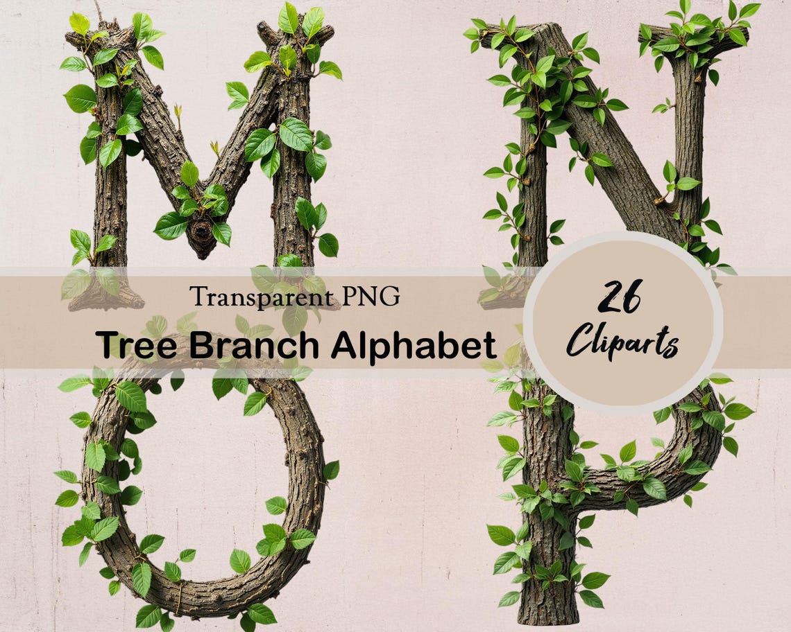 Tree Branch Alphabet Clipart, Tree Letters, 26 PNG Cliparts, Rustic ...