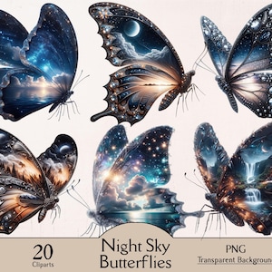 May include: A collection of six digital butterfly illustrations featuring night sky themes, including celestial bodies, clouds, waterfalls, and starry patterns. The text at the bottom reads 20 Night Sky Butterflies PNG Transparent Background.