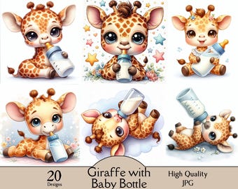 Giraffe with baby bottle, 20 JPG images, baby giraffe with milk bottle, nursery decor, cute animal, digital prints, digital art, baby room