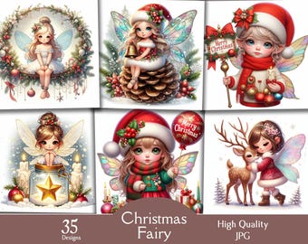 May include: A collection of six digital illustrations featuring Christmas fairies with wings, Santa hats, and holiday decorations including pinecones, wreaths, ornaments, a star in a glass jar, and a reindeer, with text reading Merry Christmas.