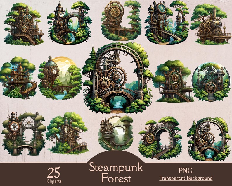 Steampunk Style Tree Steampunk Forest, 25 PNG Cliparts, Junk Journal, Scrapbook, Steampunk ...