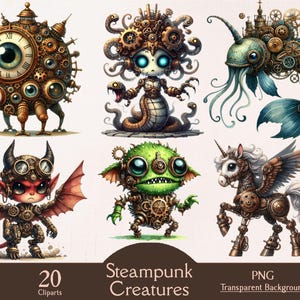 Steampunk-wezens, 20 png-clipart, stoompunk, fantasiewezens, mythische wezens, afdrukbaar, digitaal, junkdagboek, papierkunst