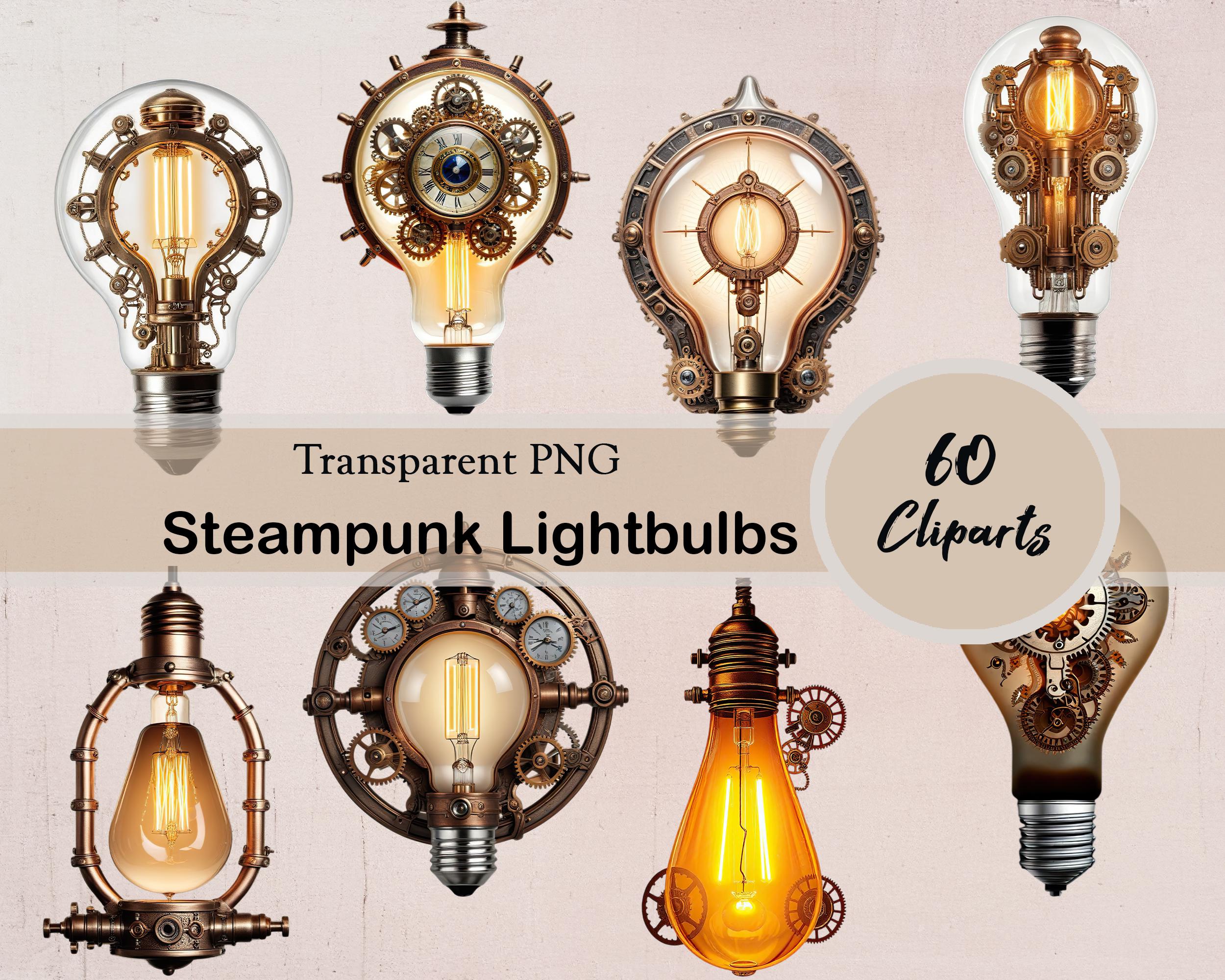 Steampunk Lightbulb Clipart, Junk Journaling Bundle, 60 PNG Cliparts ...