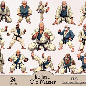Puede incluir: Una colección de 24 imágenes prediseñadas digitales que presentan ilustraciones de hombres mayores en varias poses de Jiu Jitsu. Los hombres están representados con uniformes de artes marciales blancos y azules con cinturones negros. También se incluye el texto "Jiu Jitsu Old Master".