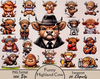 Puede incluir: Un conjunto de 20 imágenes de clipart digital que presentan vacas Highland de dibujos animados en varias poses y atuendos humorísticos. Las vacas se representan en una variedad de entornos, incluyendo jugando videojuegos, cantando karaoke, usando un traje y bebiendo cerveza. Las imágenes están en formato PNG y tienen 300 DPI.