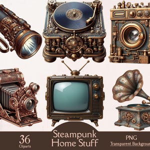 Steampunk home stuff items, 36 PNG cliparts, steampunk bundle techonoly art, junk journal, steampunk elements clipart, strampunk furniture