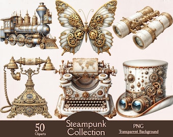 スチームパンクコレクションのクリップアート、白と金のスチームパンク要素、50個のPNGクリップアート、スチームパンクガジェット、スチームパンクビクトリア朝、ファンタジークリップアート