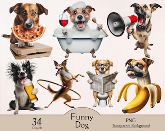 Può includere: Un set di 34 immagini clipart digitali che mostrano cani divertenti in varie situazioni. I cani sono raffigurati in stile cartone animato con tratti ed espressioni esagerate. Le immagini sono perfette per aggiungere un tocco di umorismo ai tuoi progetti.
