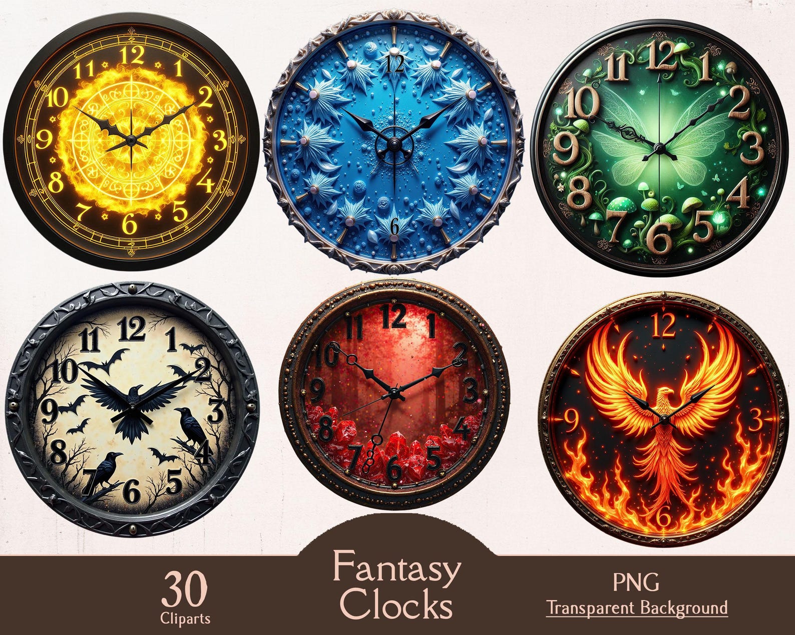Fantasy Clocks, Magic Clocks, 30 PNG Cliparts, Clocks Clipart, Fantasy ...
