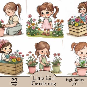 Little girl gardening, 22 jpg images, cure, adorable, floral garden, flowers, digital, download, clipart, printable, junk journal, cartoon