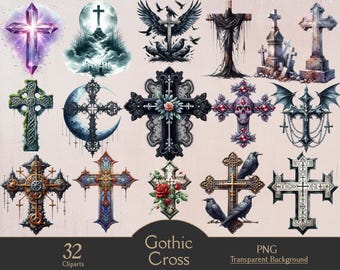 May include: A collection of 32 gothic cross cliparts in various designs. The crosses feature ornate details, including floral, celestial, and avian elements. Some crosses have a skull, wings, or chains. The color palette includes purple, black, gold, and blue.