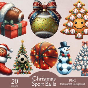 May include: A collection of Christmas-themed sports ball clip art. Includes a football on a gift box, a tennis ball ornament, a baseball tree, a basketball in a stocking, a soccer ball tree, a basketball with lights, a snowman, and a baseball tree.