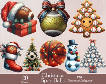 Christmas sport balls clipart, 20 PNG cliparts, festive sport balls bundle, holiday sport, christmas ball ornaments, junk journal, printable