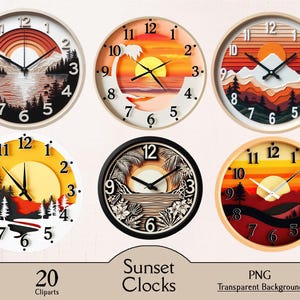 Sonnenuntergang Uhren, 20 PNG Cliparts, Wanduhr, Wanddekoration, Landschaft, Wald, Berge, digital, bedruckbar, Papiermodell, Junk Journal