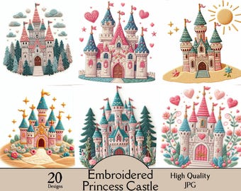 Embroidered princess castle, 20 JPG images, embroidery, castle, kingdom, fantasy, princess, digital, clipart, printable, wall art, waterfall