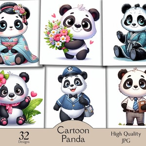 Panda de dibujos animados, 32 imágenes JPG, panda lindo, habitación de bebé, panda divertido, animales lindos, animales divertidos, animales de dibujos animados, manualidades de papel, imprimibles