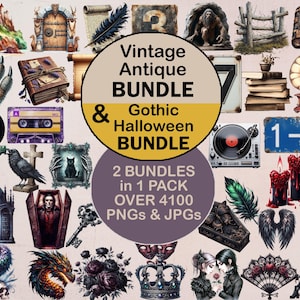 Gothic bundle with vintage antique bundle in one pack featuring gothic and halloween sublimation designs with vintage antique cliparts
