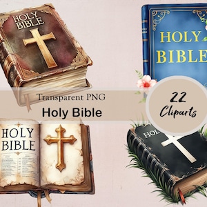 May include: A collection of four Holy Bible cliparts. The cliparts include a closed Bible with a gold cross, an open Bible with a gold cross, and a blue Bible with gold lettering. The text "Holy Bible" is visible.