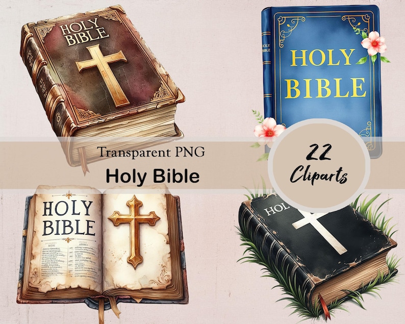 May include: A collection of four Holy Bible cliparts. The cliparts include a closed Bible with a gold cross, an open Bible with a gold cross, and a blue Bible with gold lettering. The text "Holy Bible" is visible.